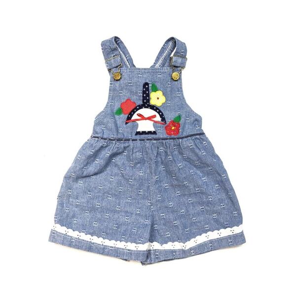 Vintage Logan Designs Shortalls Girls Size 18-24m Chambray Embroidered - Picture 1 of 3